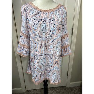 Paisley Tunic Top Crochet Trim Bell Sleeve Cold Shoulder‎ Boho Cottagecore 1XL